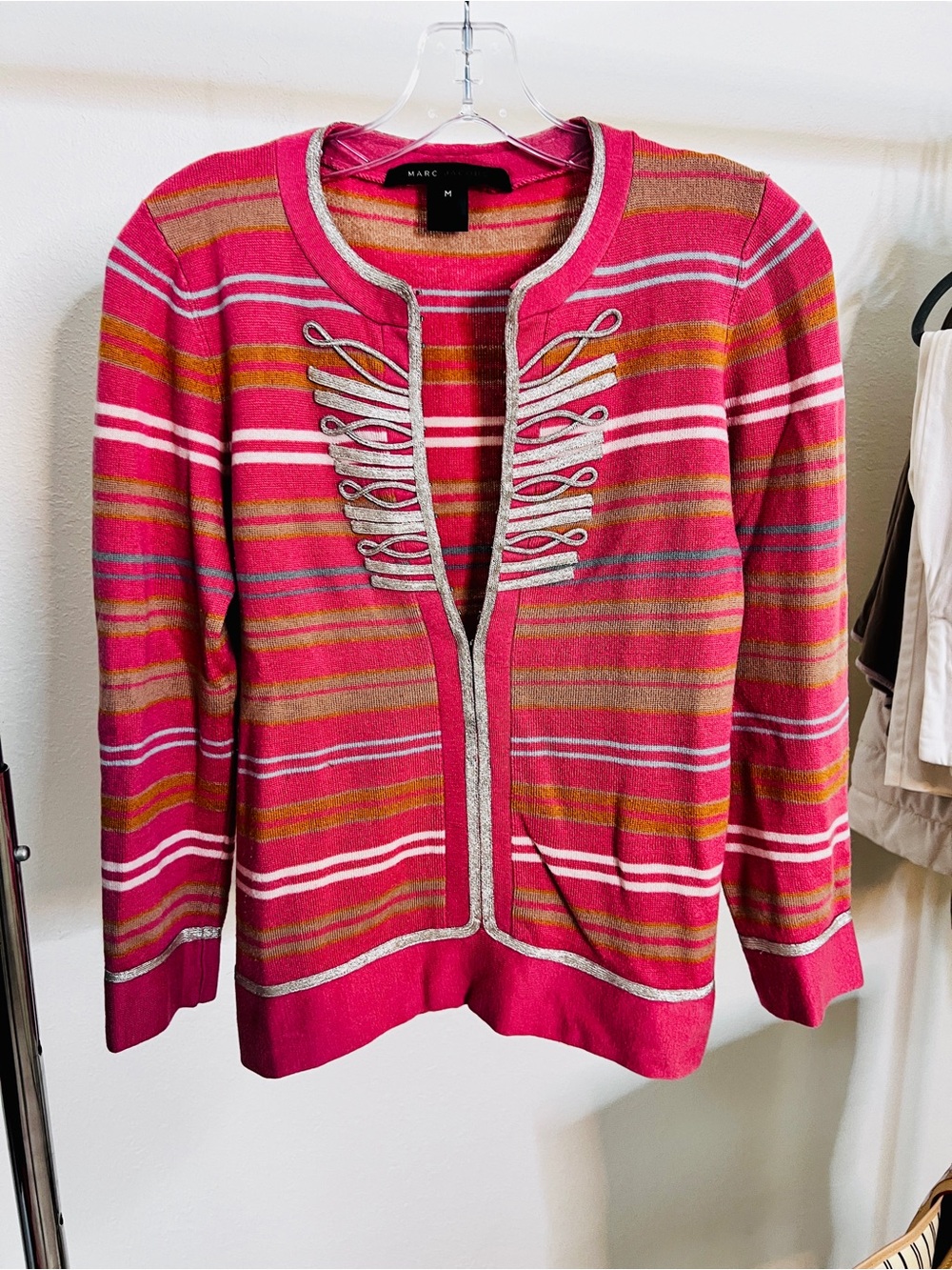 Marc Jacobs Military Style Knit Cardigan Striped Metallic Trim Statement Jacket